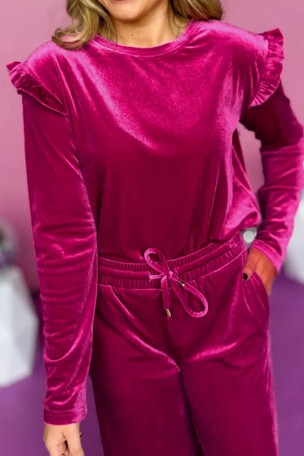 Velvet Round Neck Long Sleeve Top and Drawstring Pants Lounge Set