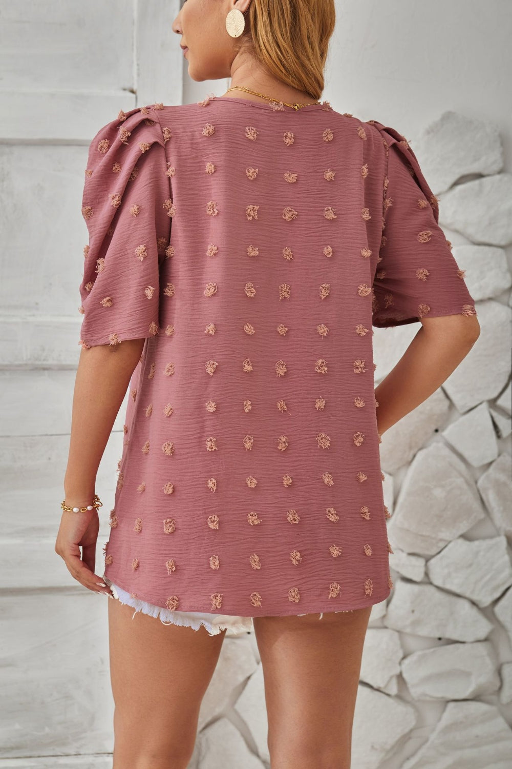 Swiss Dot Round Neck Short Sleeve Blouse - RebelReine Apparel & Co.