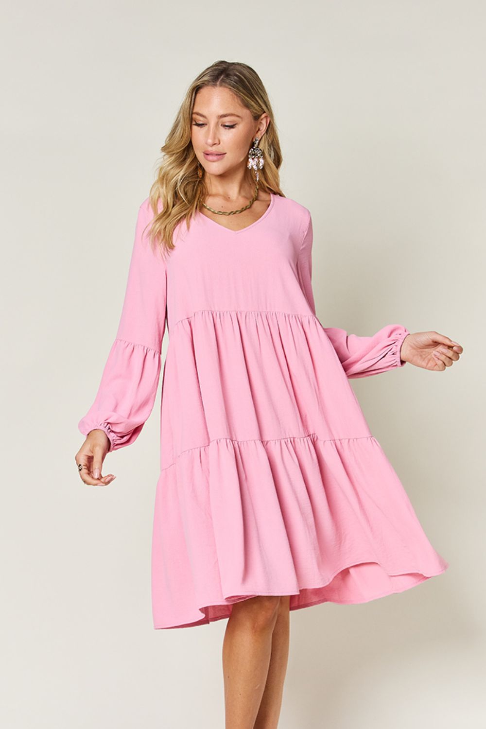 Double Take Full Size V-Neck Balloon Sleeve Tiered Dress - RebelReine Apparel & Co.