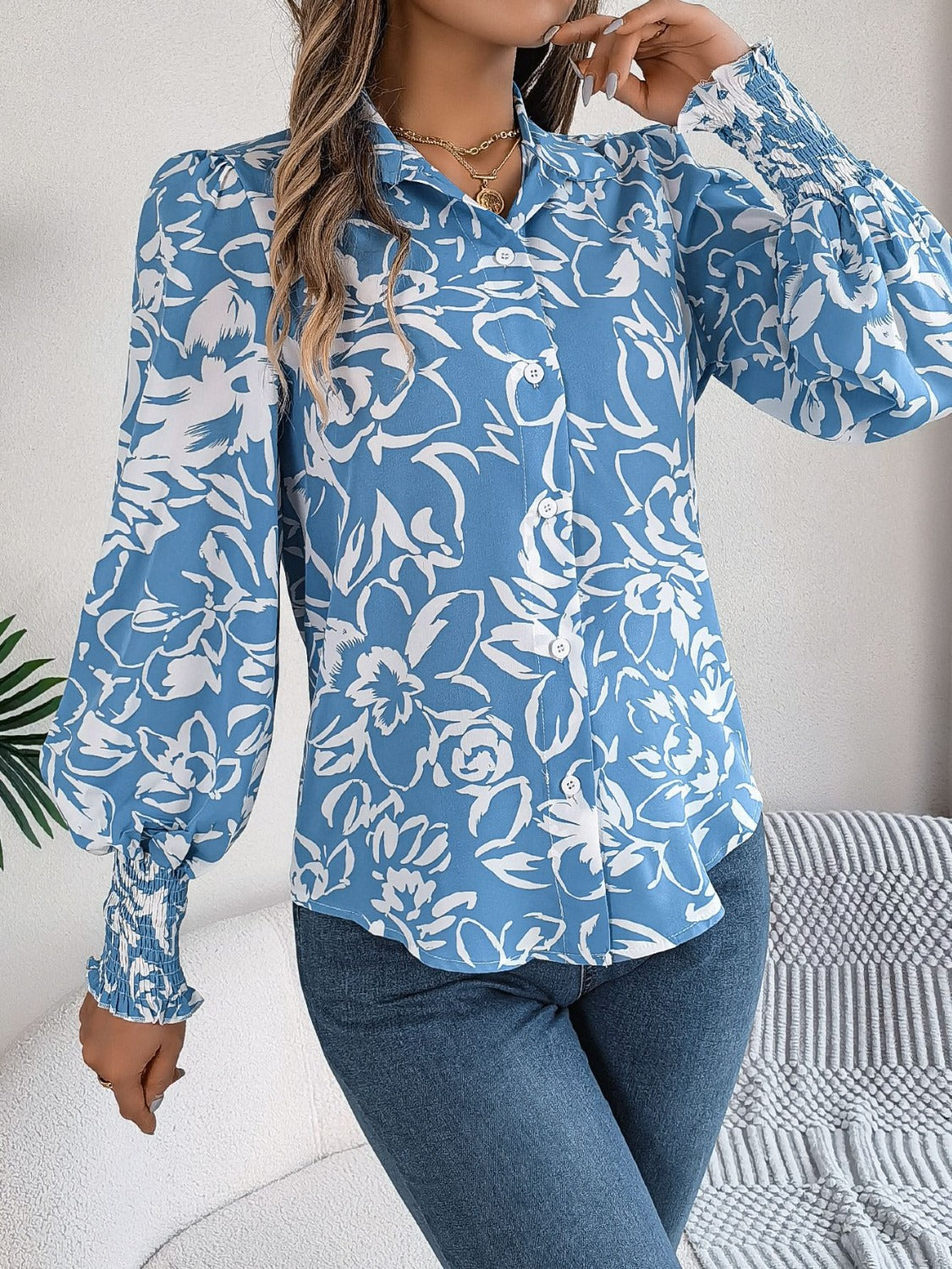 Printed Collared Neck Lantern Sleeve Shirt - RebelReine Apparel & Co.