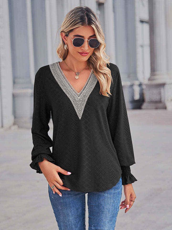 V-Neck Eyelet Flounce Sleeve Blouse - RebelReine Apparel & Co.