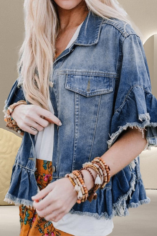 Ruffled Raw Hem Half Sleeve Denim Top - RebelReine Apparel & Co.