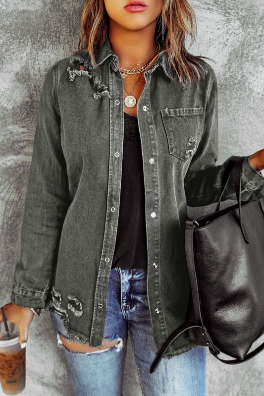 Distressed Raw Hem Snap Down Denim Jacket - RebelReine Apparel & Co.