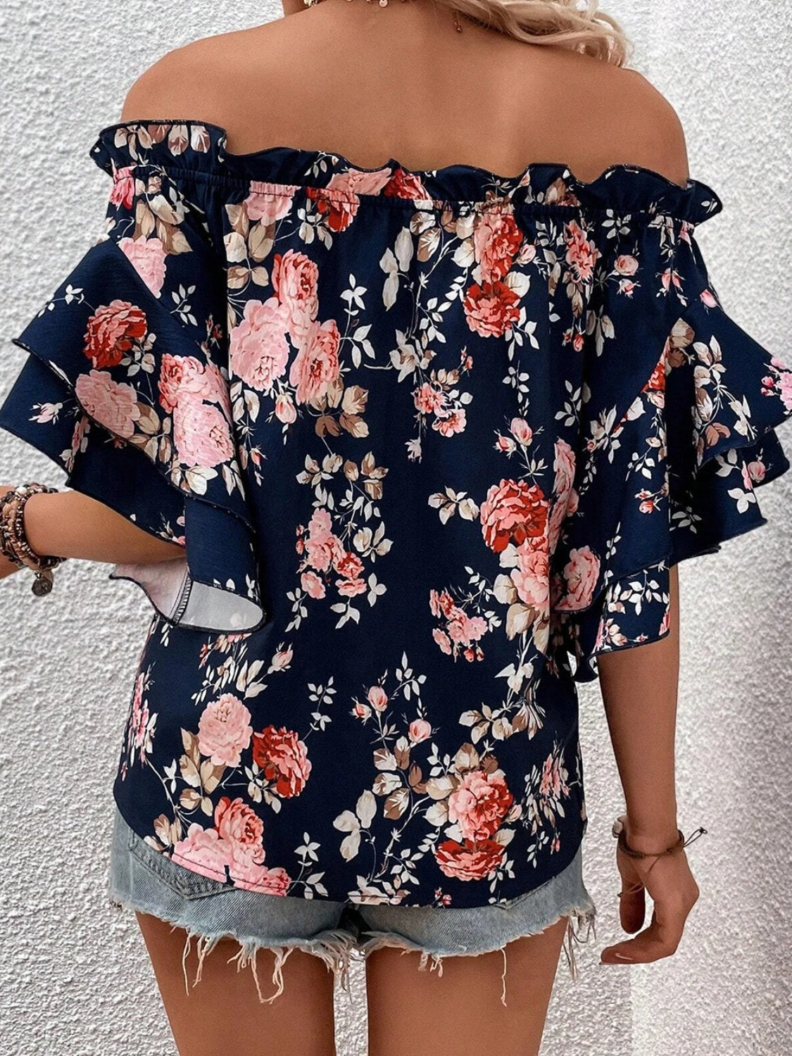 Printed Off-Shoulder Flounce Sleeve Blouse - RebelReine Apparel & Co.