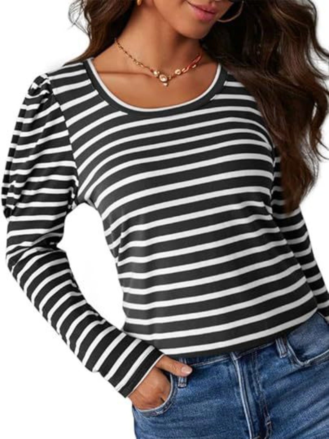 Striped Round Neck Long Sleeve T-Shirt - RebelReine Apparel & Co.