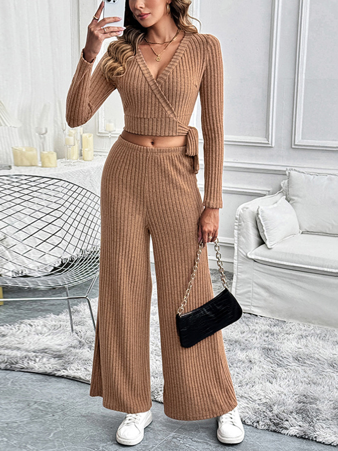 Perfee Surplice Long Sleeve Top and Pants Set