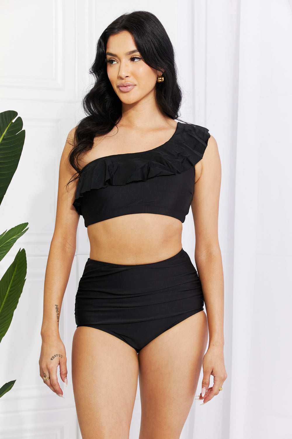 Marina West Swim Seaside Romance Ruffle One-Shoulder Bikini in Black - RebelReine Apparel & Co.