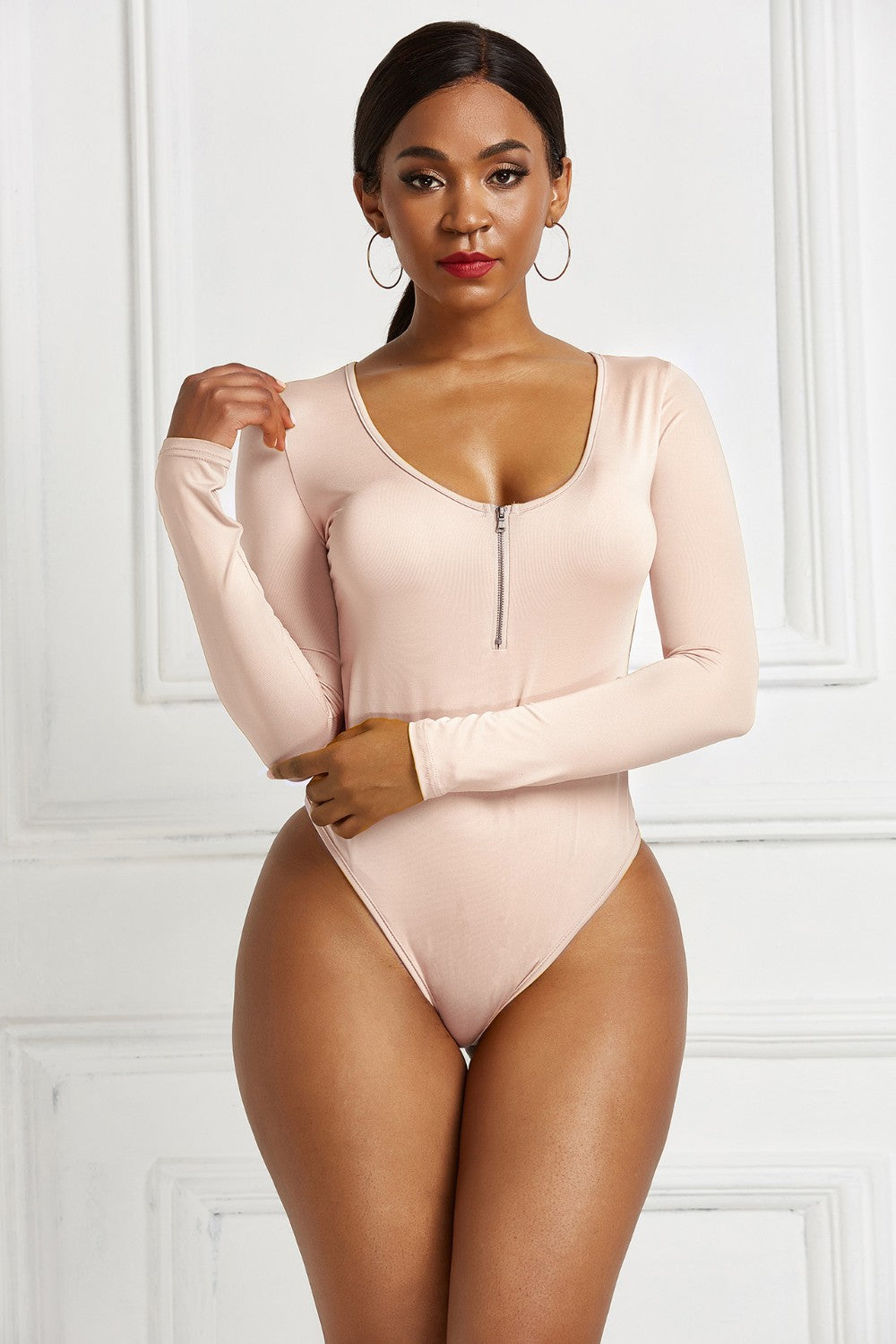 Half Zip Scoop Neck Long Sleeve Bodysuit Trendsi