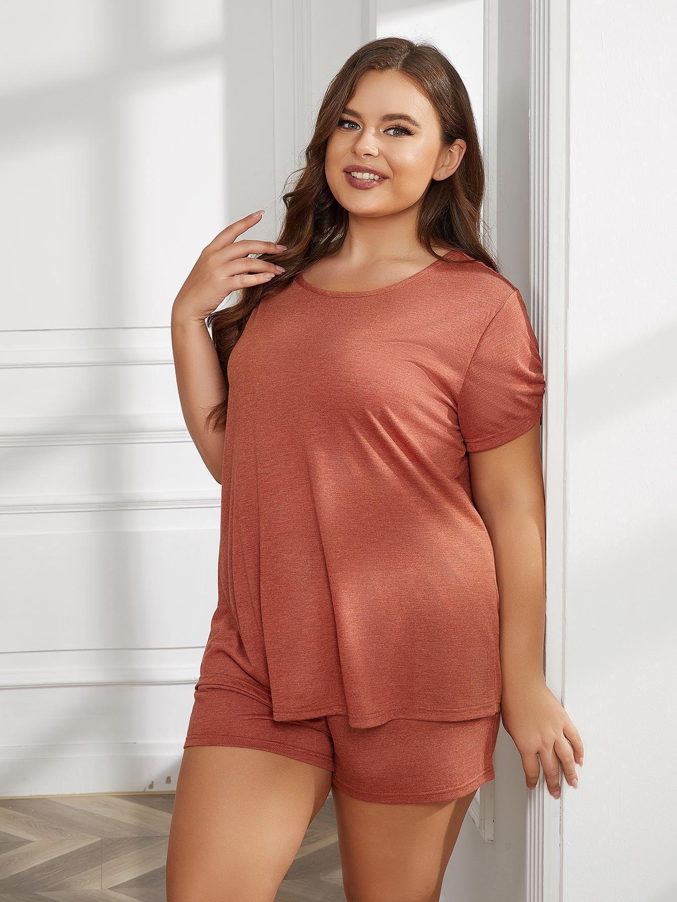 Plus Size Round Neck Short Sleeve Two-Piece Loungewear Set - RebelReine Apparel & Co.