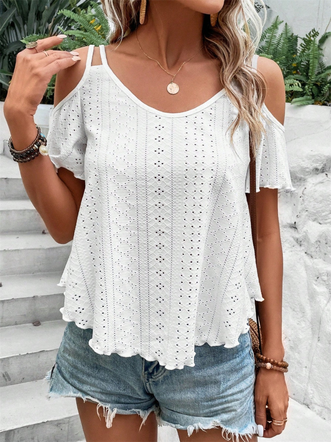 Eyelet Cold Shoulder Short Sleeve Blouse - RebelReine Apparel & Co.