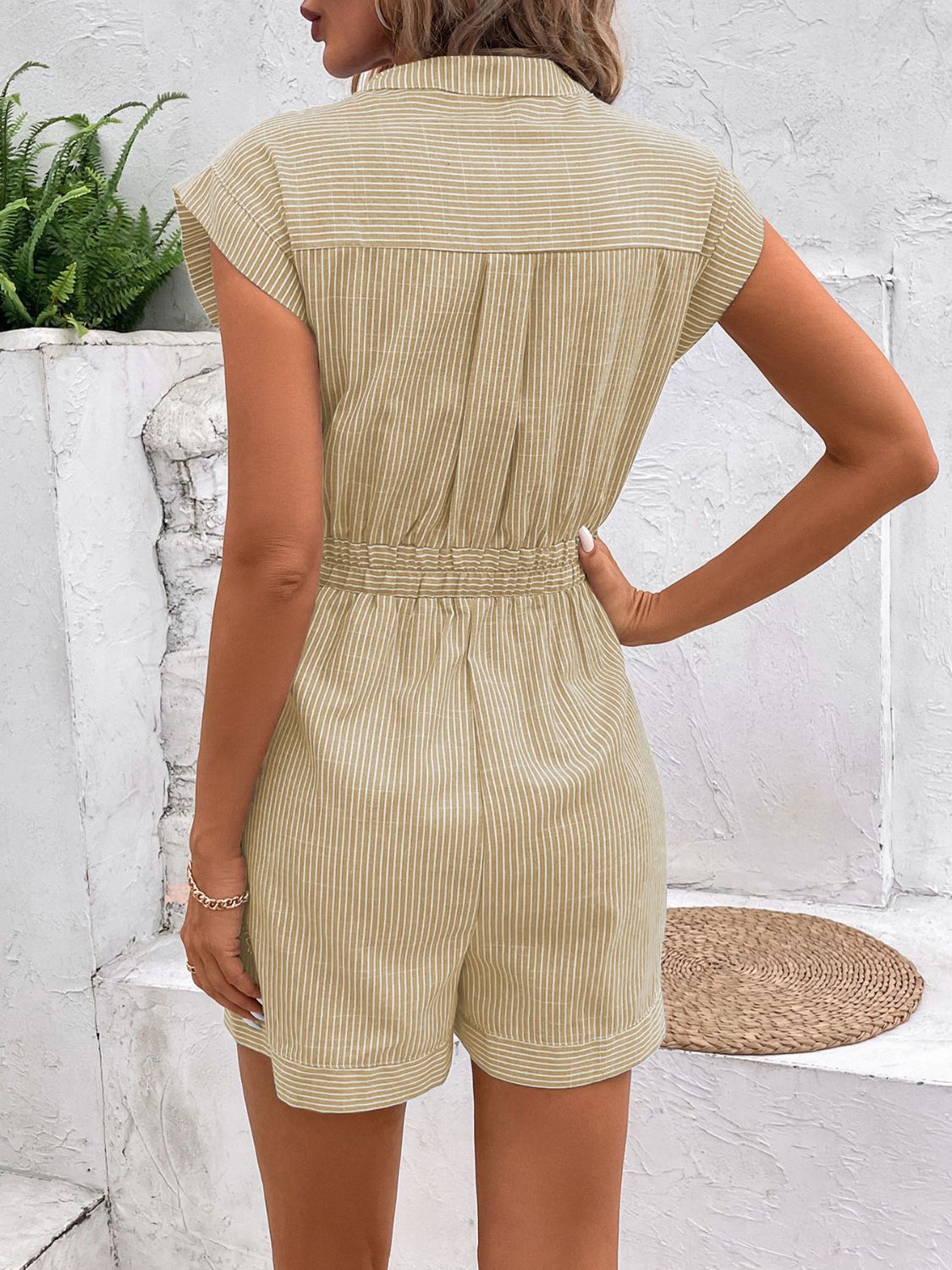 Striped Notched Tie Waist Romper - RebelReine Apparel & Co.