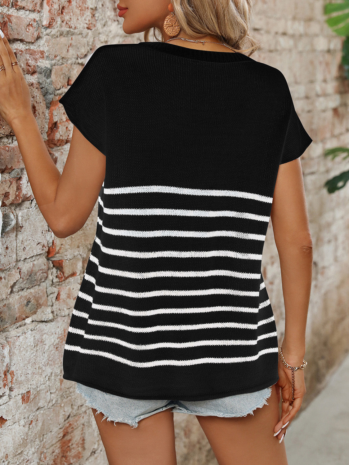 Striped Round Neck Short Sleeve Knit Top - RebelReine Apparel & Co.