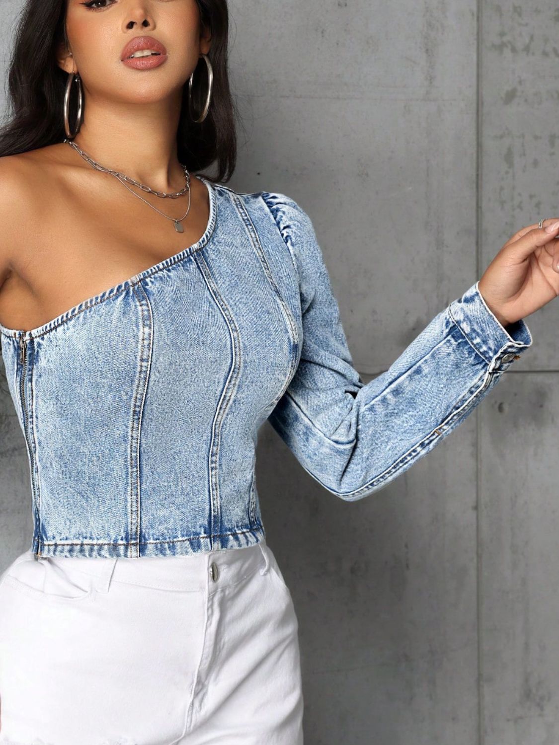 One Shoulder Long Sleeve Denim Top - RebelReine Apparel & Co.