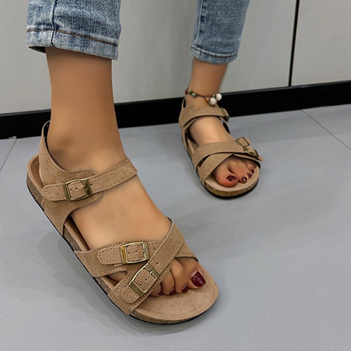 Open Toe Flat Buckle Sandals - RebelReine Apparel & Co.