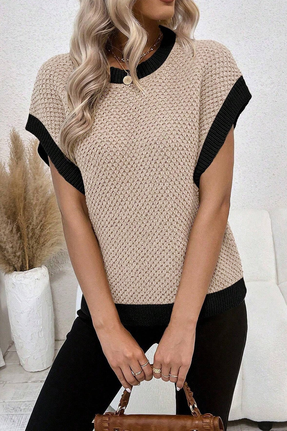 Contrast Round Neck Cap Sleeve Knit Top - RebelReine Apparel & Co.