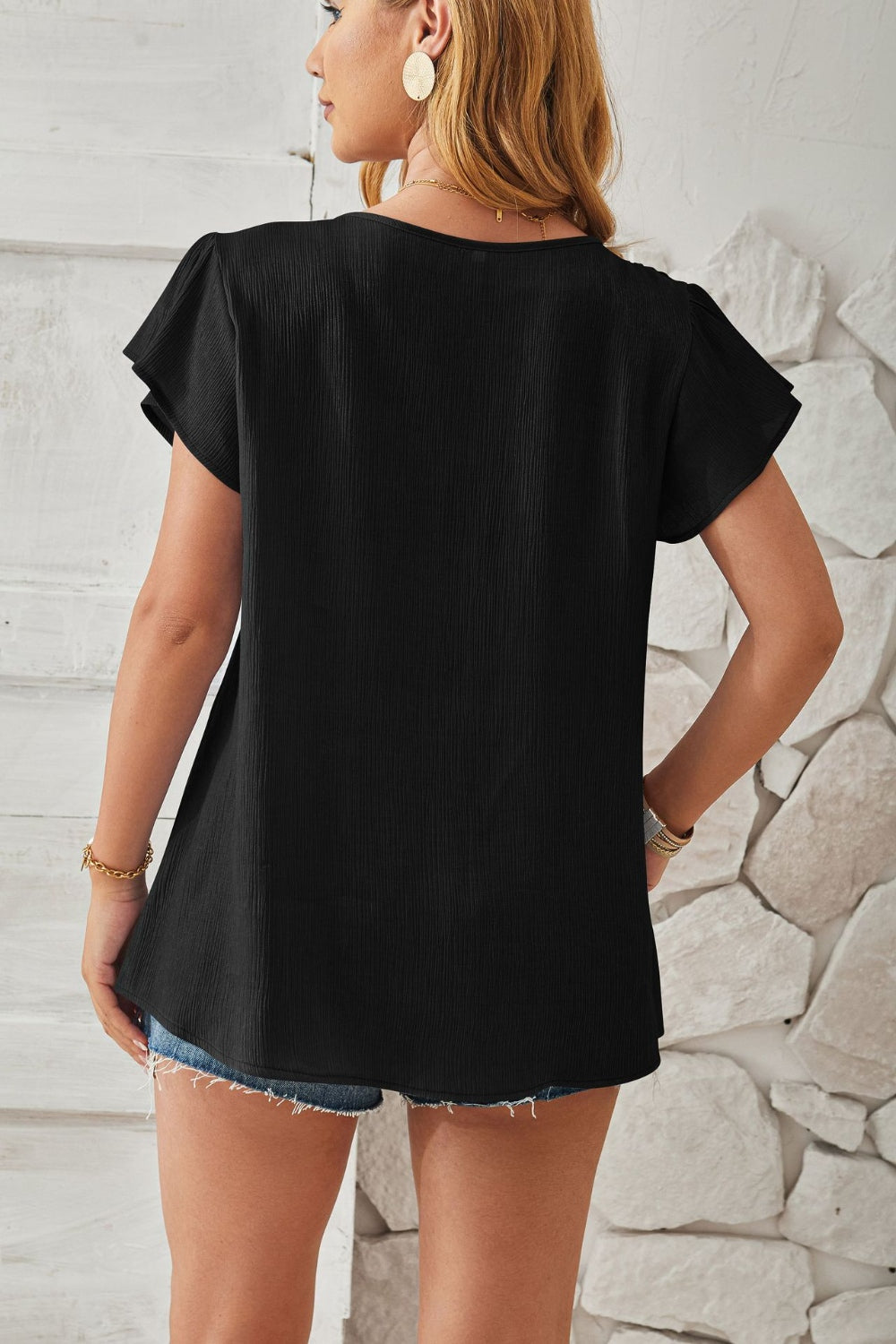 Ruched V-Neck Flounce Sleeve Blouse - RebelReine Apparel & Co.