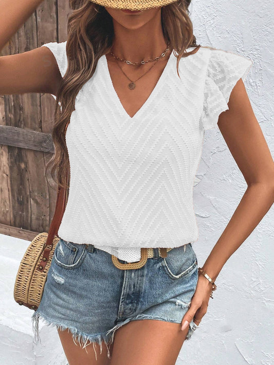 Textured V-Neck Cap Sleeve Blouse - RebelReine Apparel & Co.