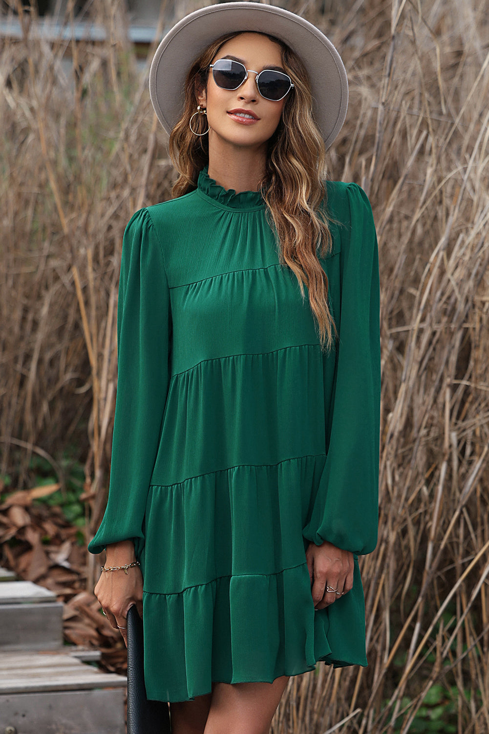 Green Puff Sleeve Mock Neck Back Knot Tiered Dress - RebelReine Apparel & Co.