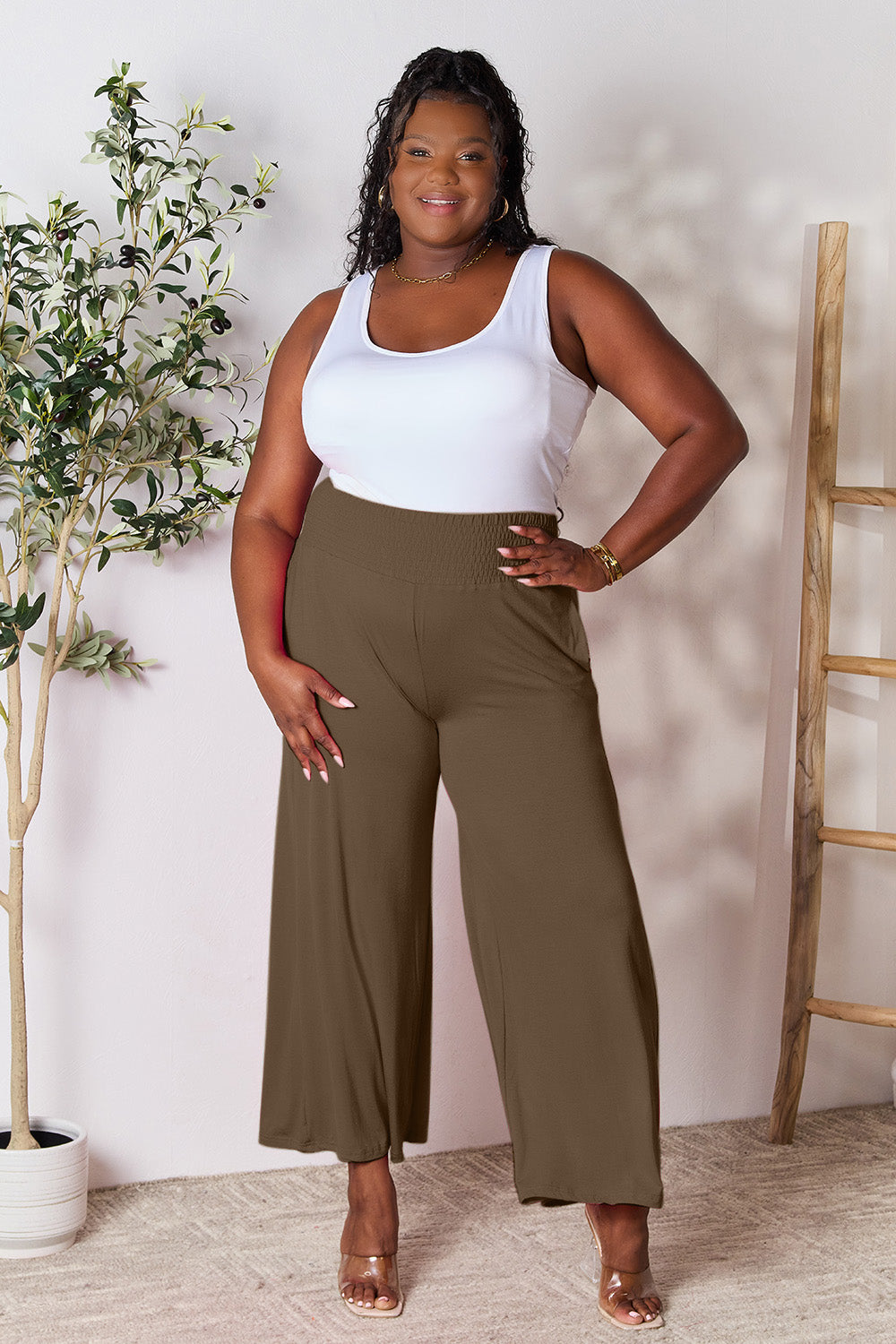 Double Take Full Size Smocked Wide Waistband Wide Leg Pants - RebelReine Apparel & Co.