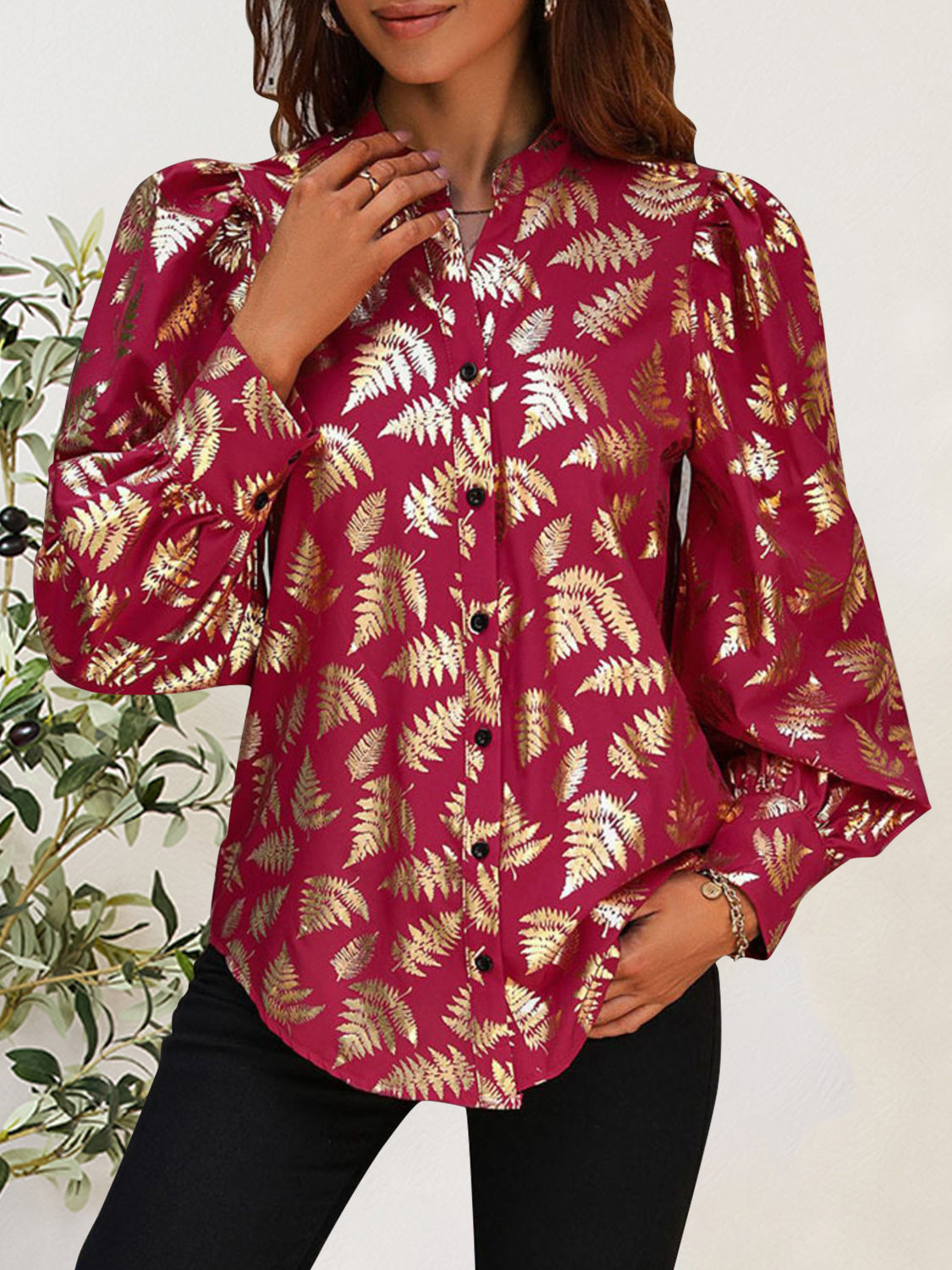 Printed Notched Long Sleeve Shirt - RebelReine Apparel & Co.