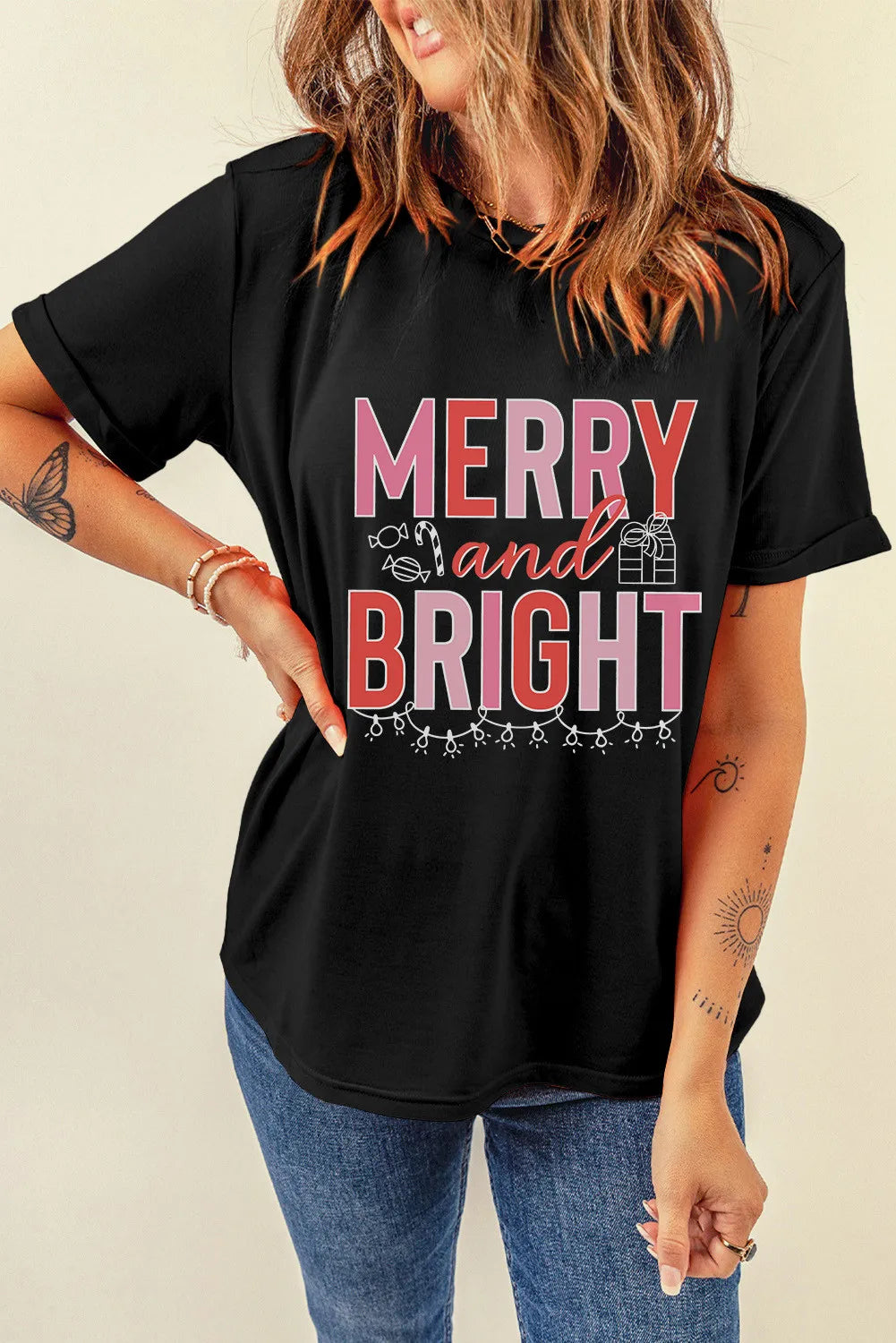 MERRY AND BRIGHT Round Neck Short Sleeve T-Shirt