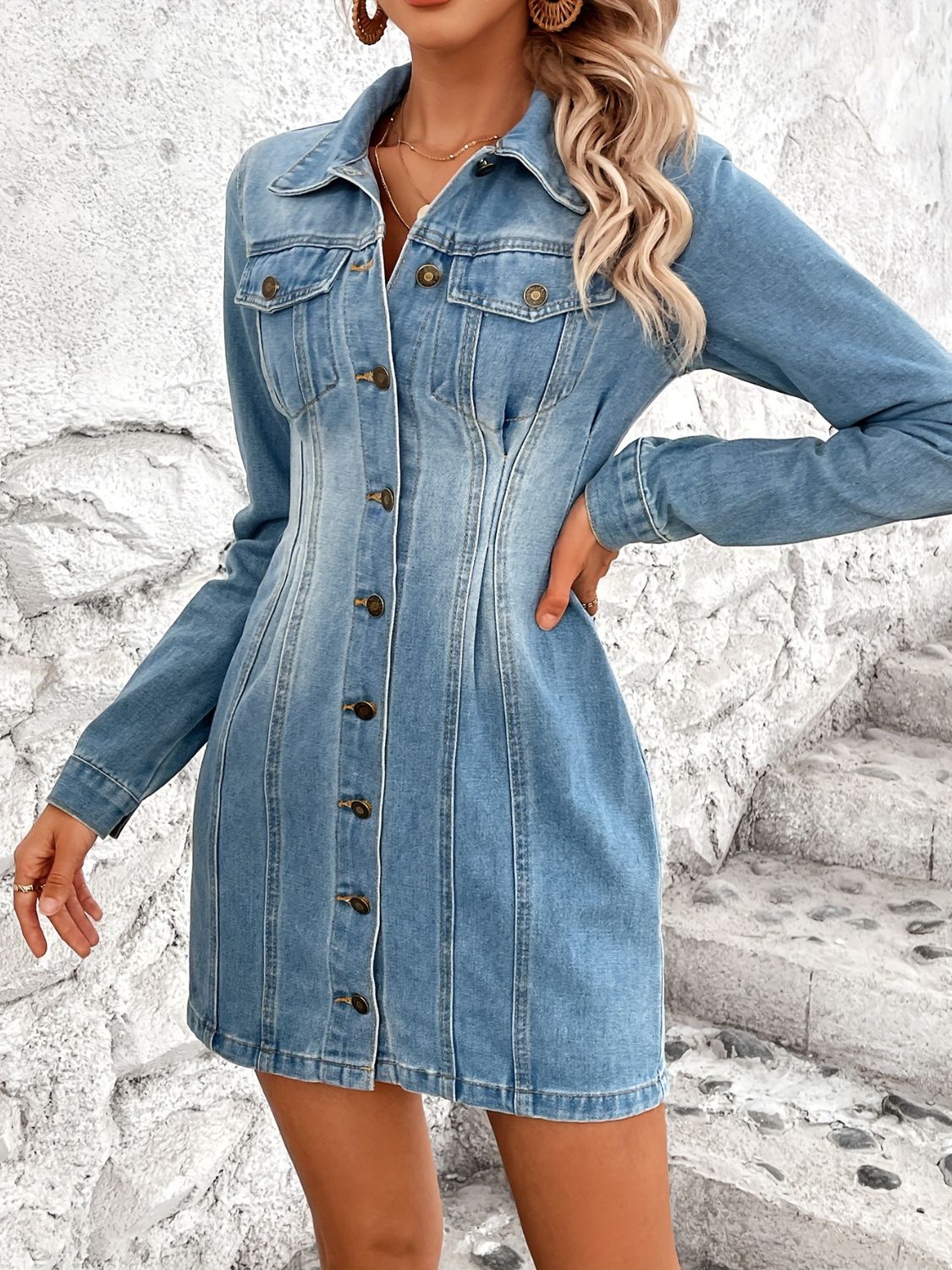 Pocketed Button Up Long Sleeve Denim Dress - RebelReine Apparel & Co.