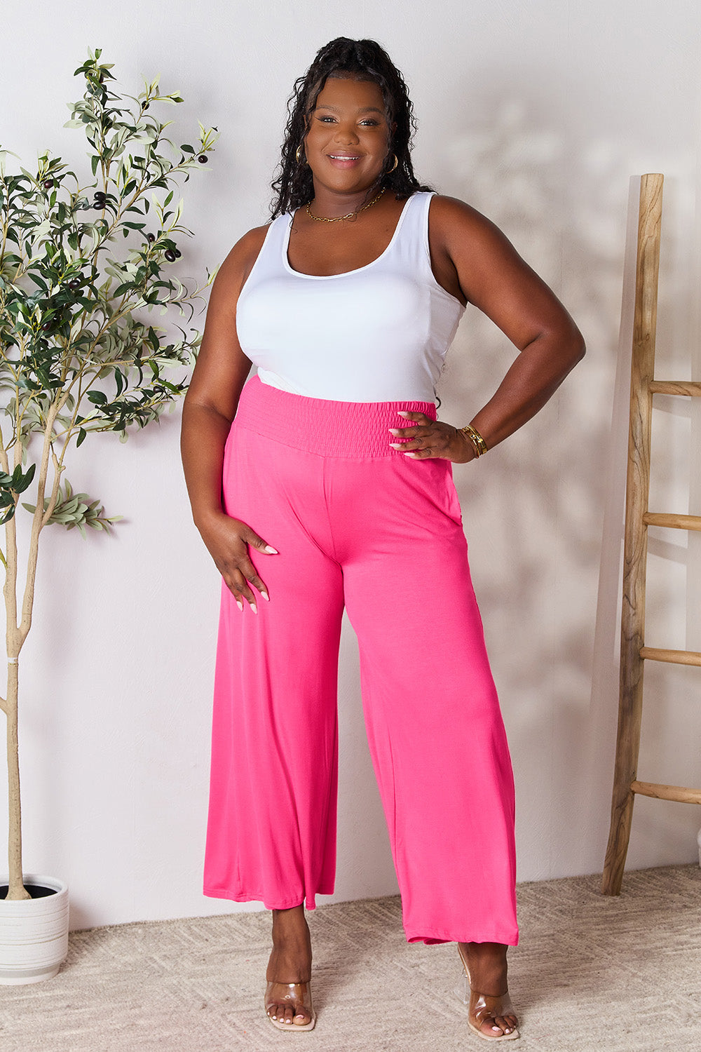 Double Take Full Size Smocked Wide Waistband Wide Leg Pants - RebelReine Apparel & Co.