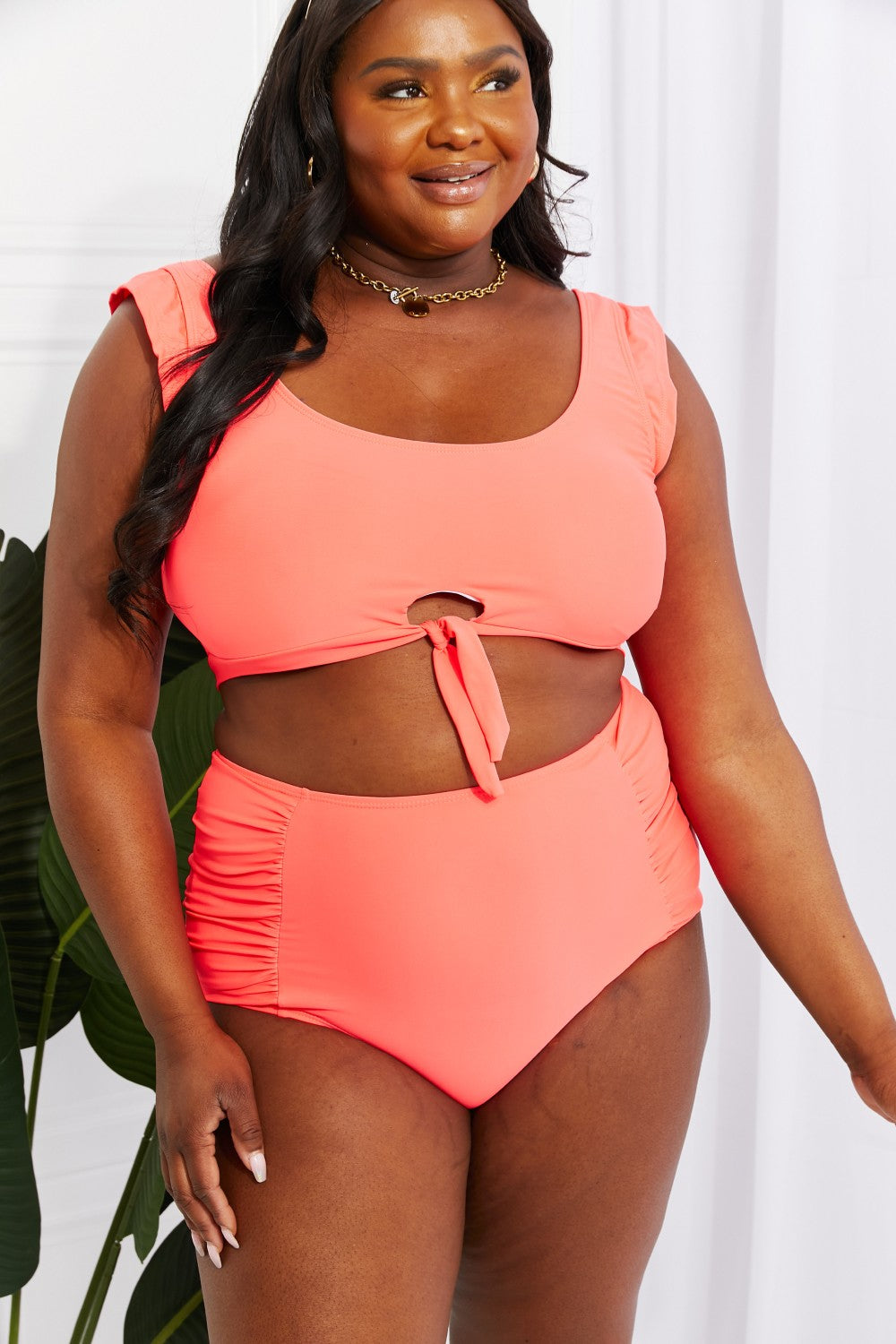 Marina West Swim Sanibel Crop Swim Top and Ruched Bottoms Set in Coral - RebelReine Apparel & Co.