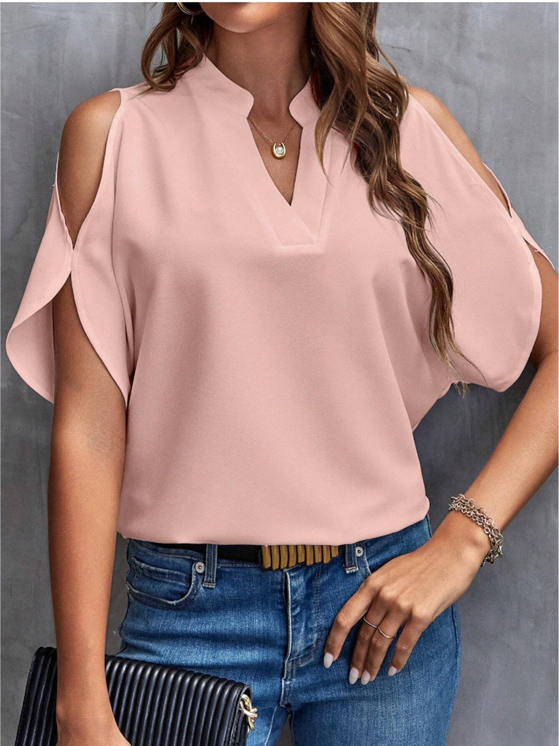 Notched Cold Shoulder Half Sleeve Blouse - RebelReine Apparel & Co.