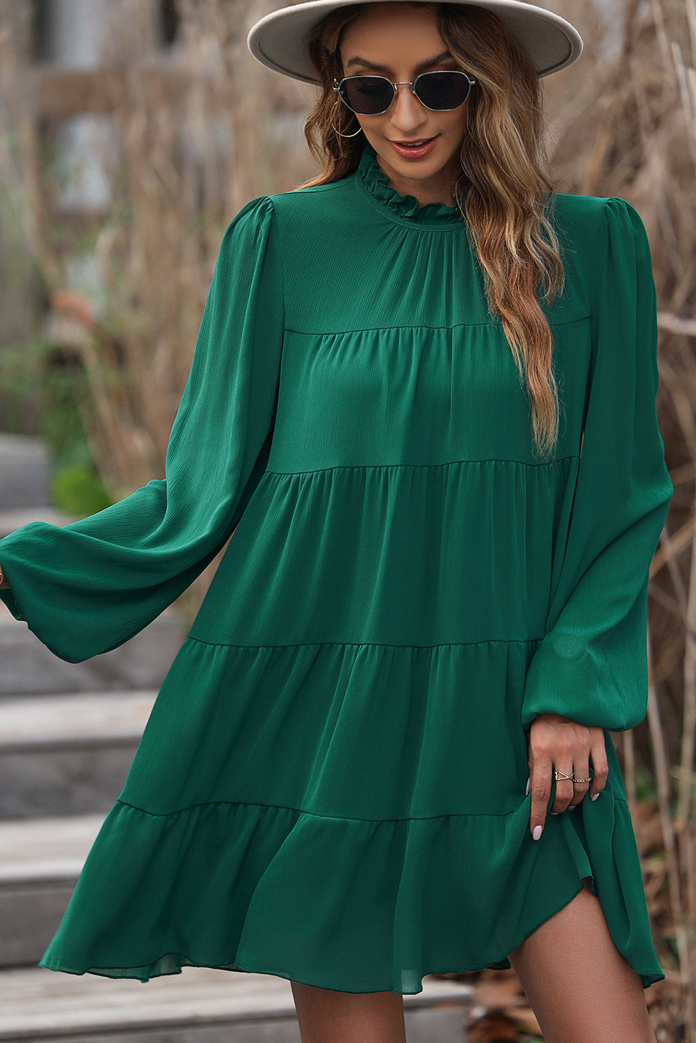 Green Puff Sleeve Mock Neck Back Knot Tiered Dress - RebelReine Apparel & Co.