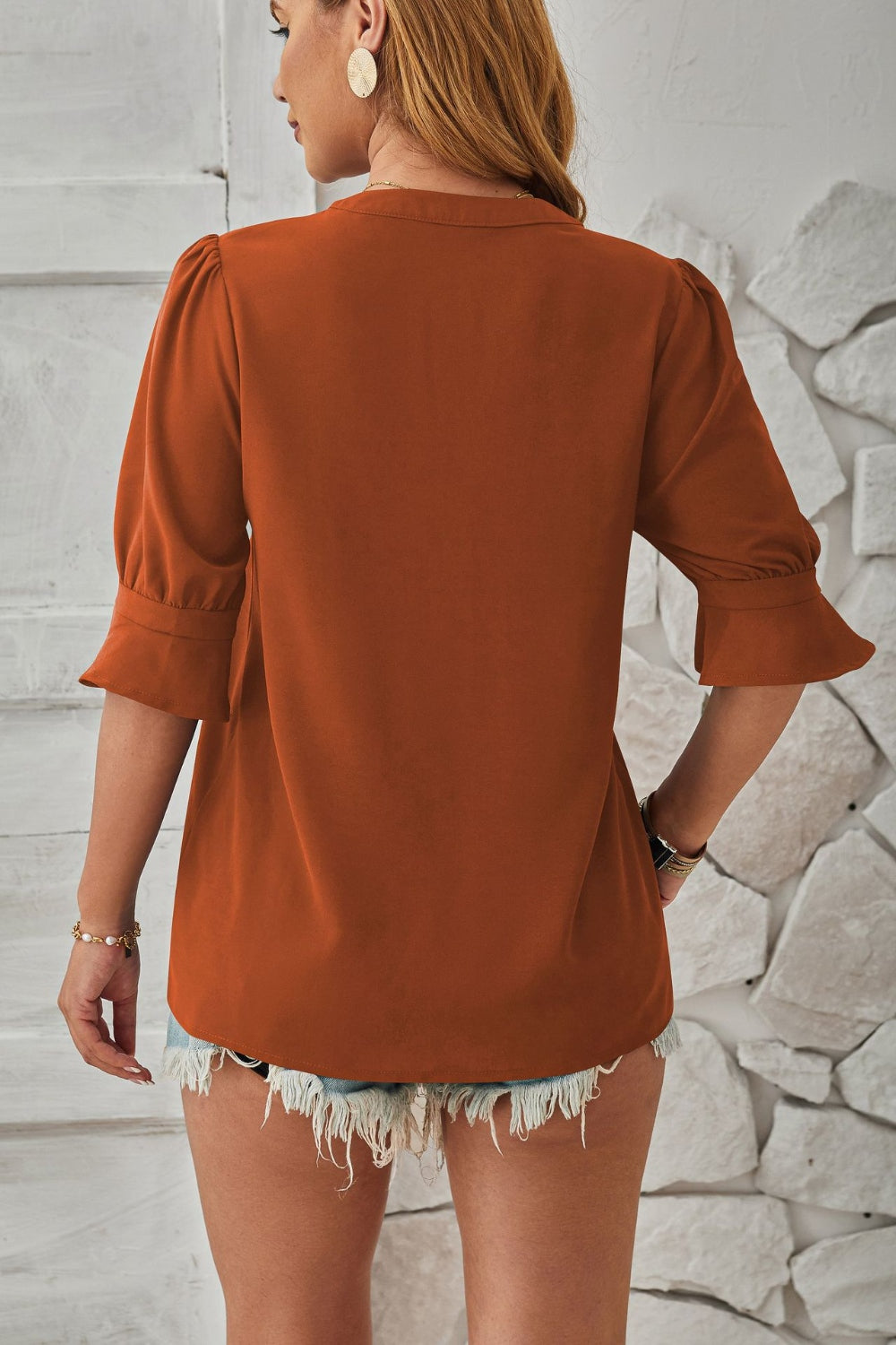 Notched Half Sleeve Blouse - RebelReine Apparel & Co.