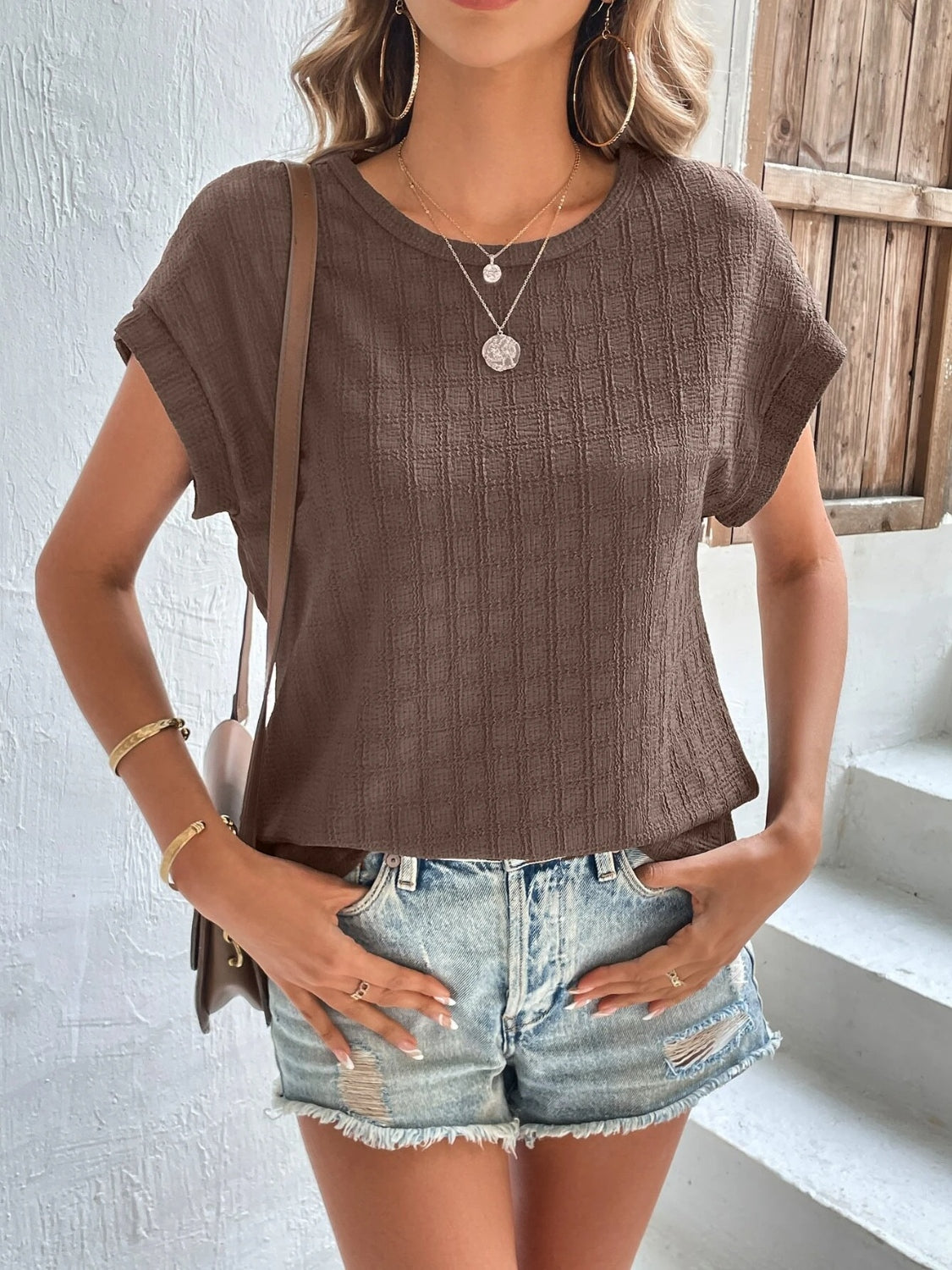 Textured Round Neck Short Sleeve Top - RebelReine Apparel & Co.