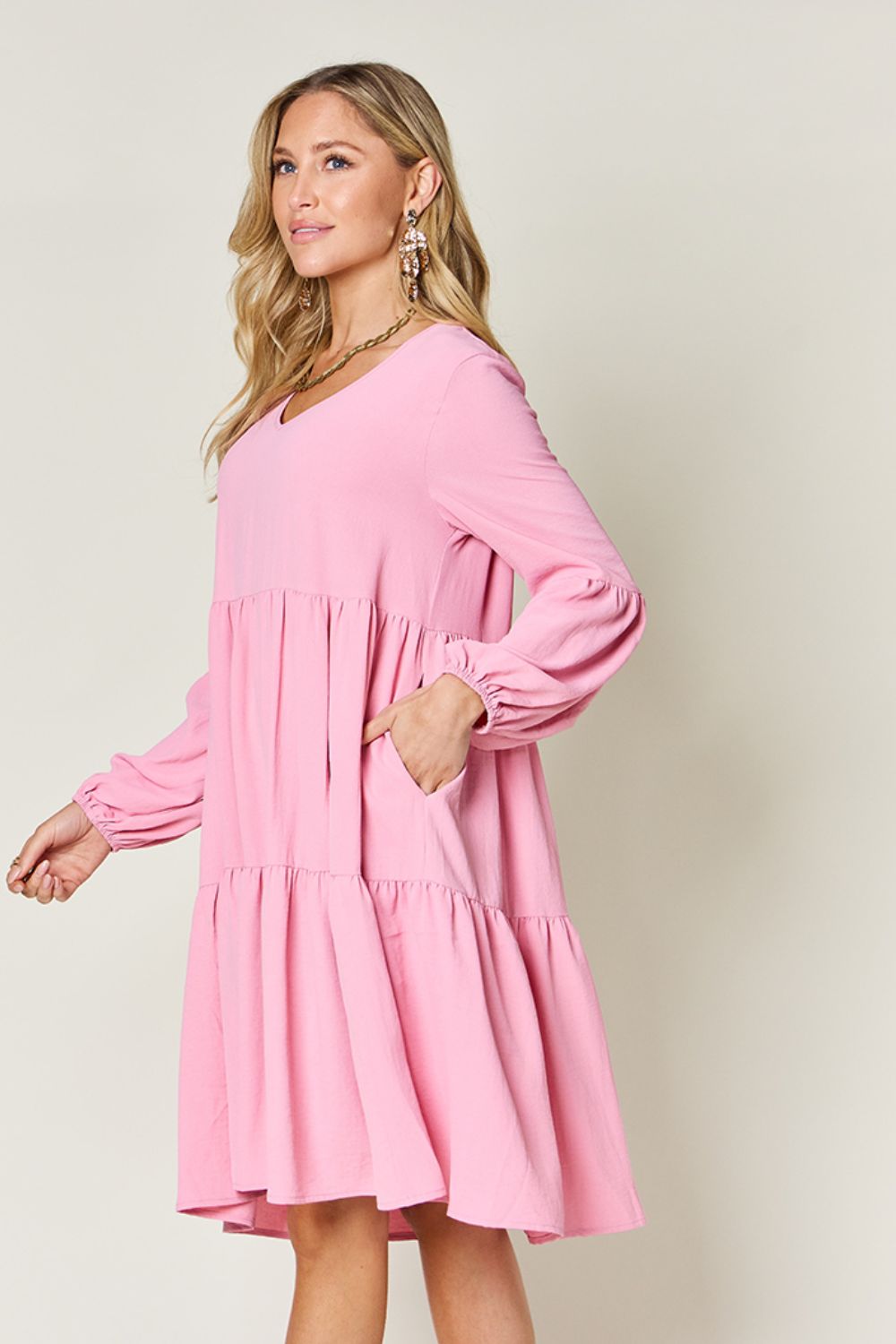 Double Take Full Size V-Neck Balloon Sleeve Tiered Dress - RebelReine Apparel & Co.