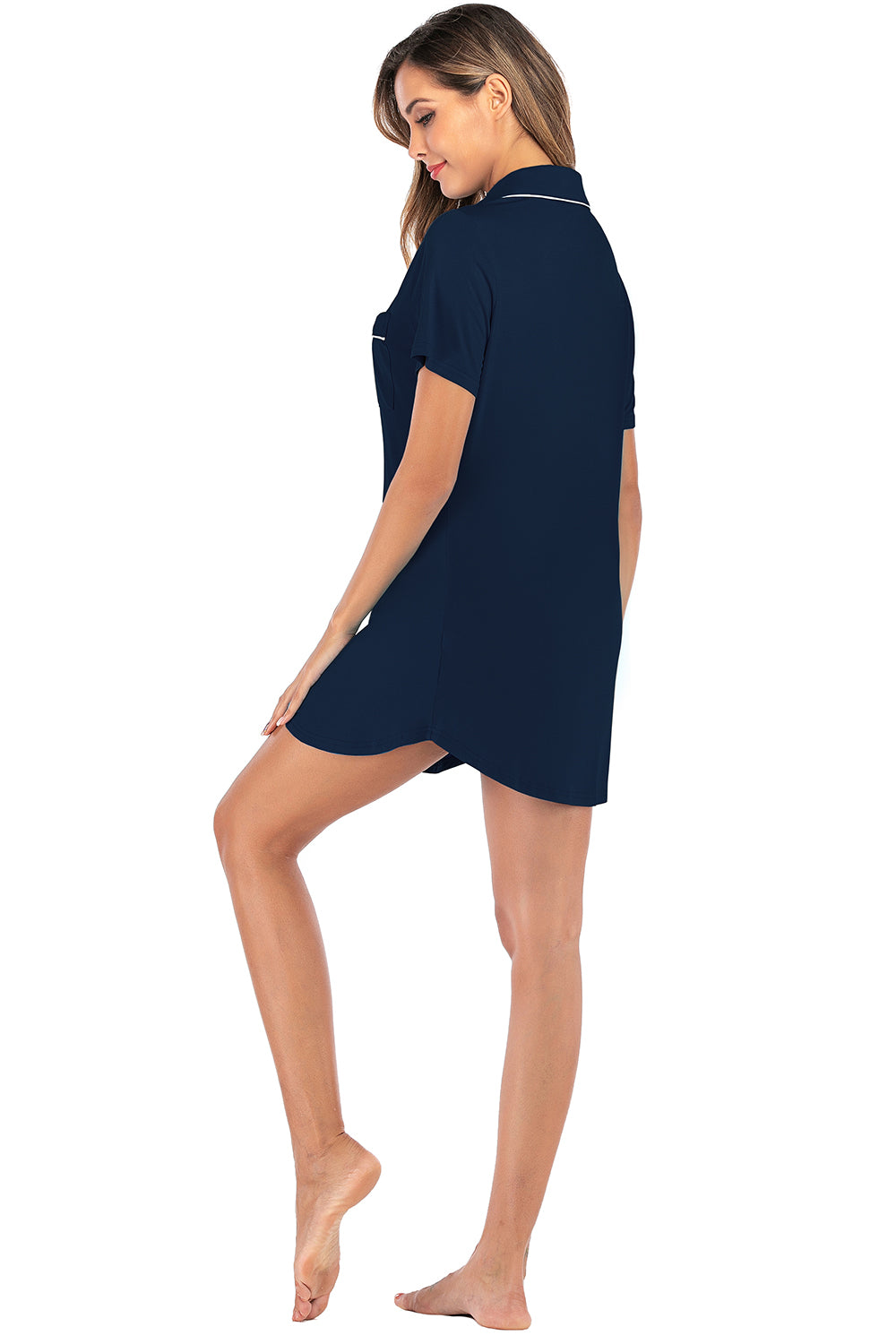 Contrast Piping Pocketed Short Sleeve Lounge Dress - RebelReine Apparel & Co.