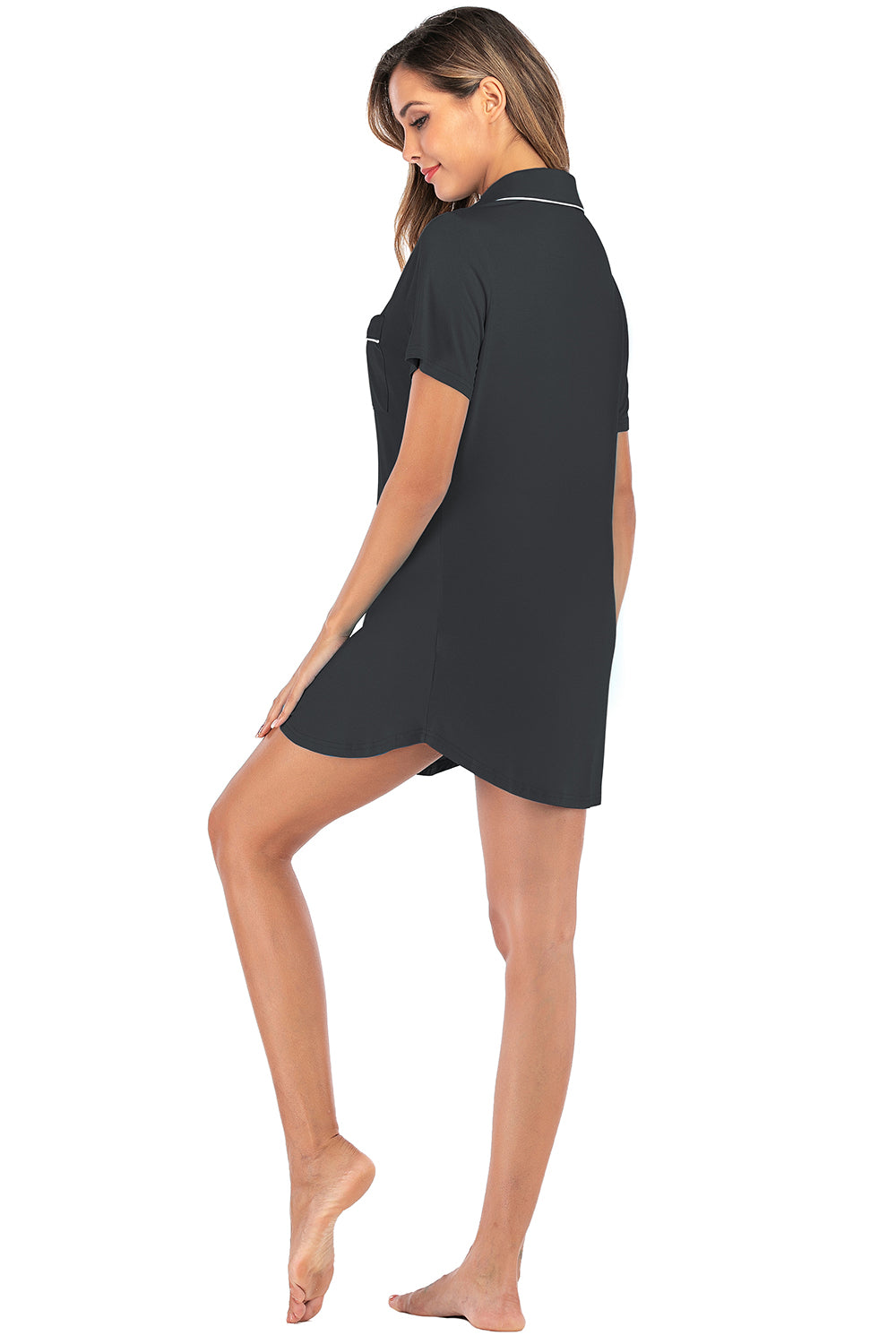 Contrast Piping Pocketed Short Sleeve Lounge Dress - RebelReine Apparel & Co.