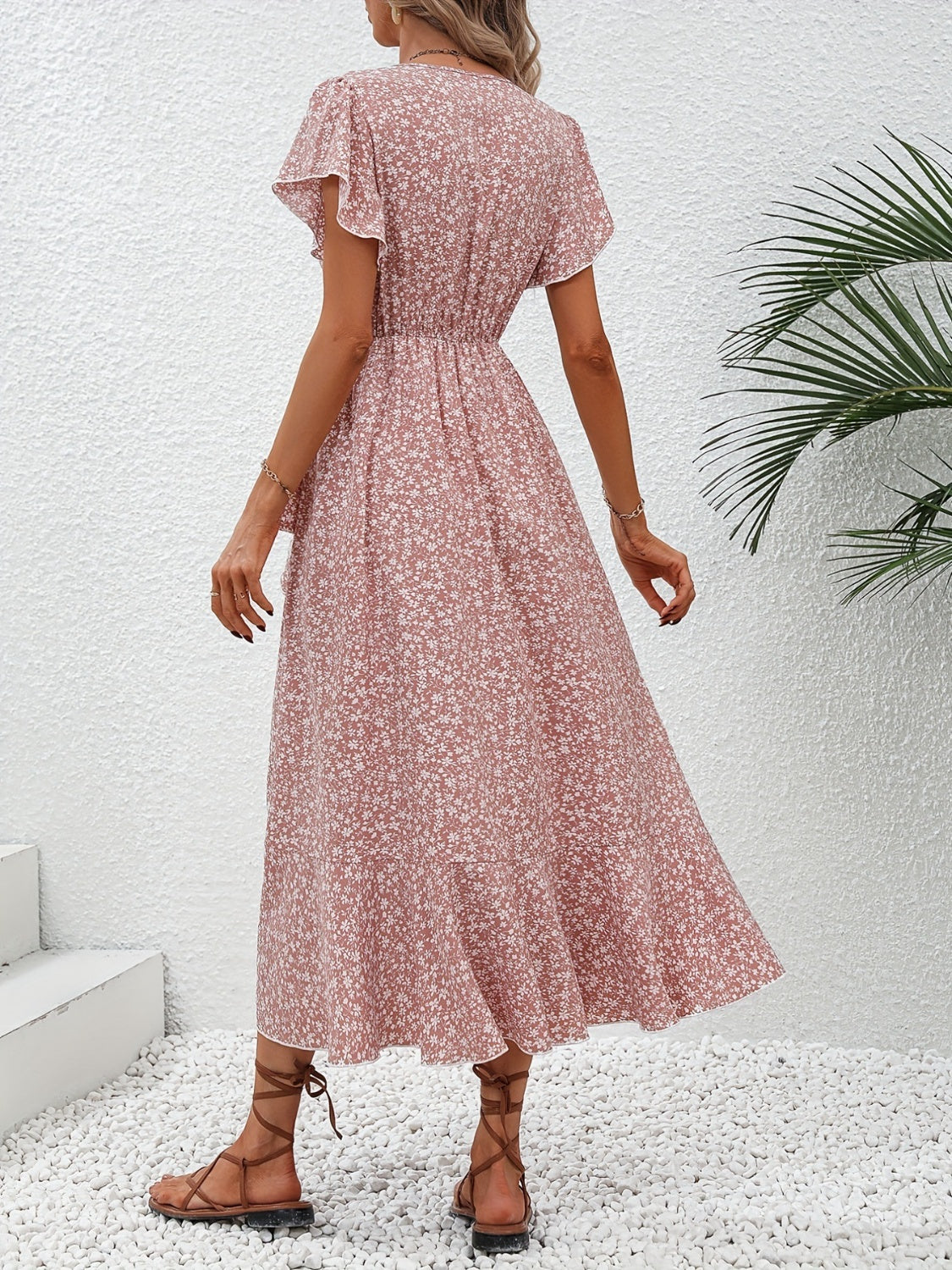 Printed Surplice Flutter Sleeve Midi Dress - RebelReine Apparel & Co.