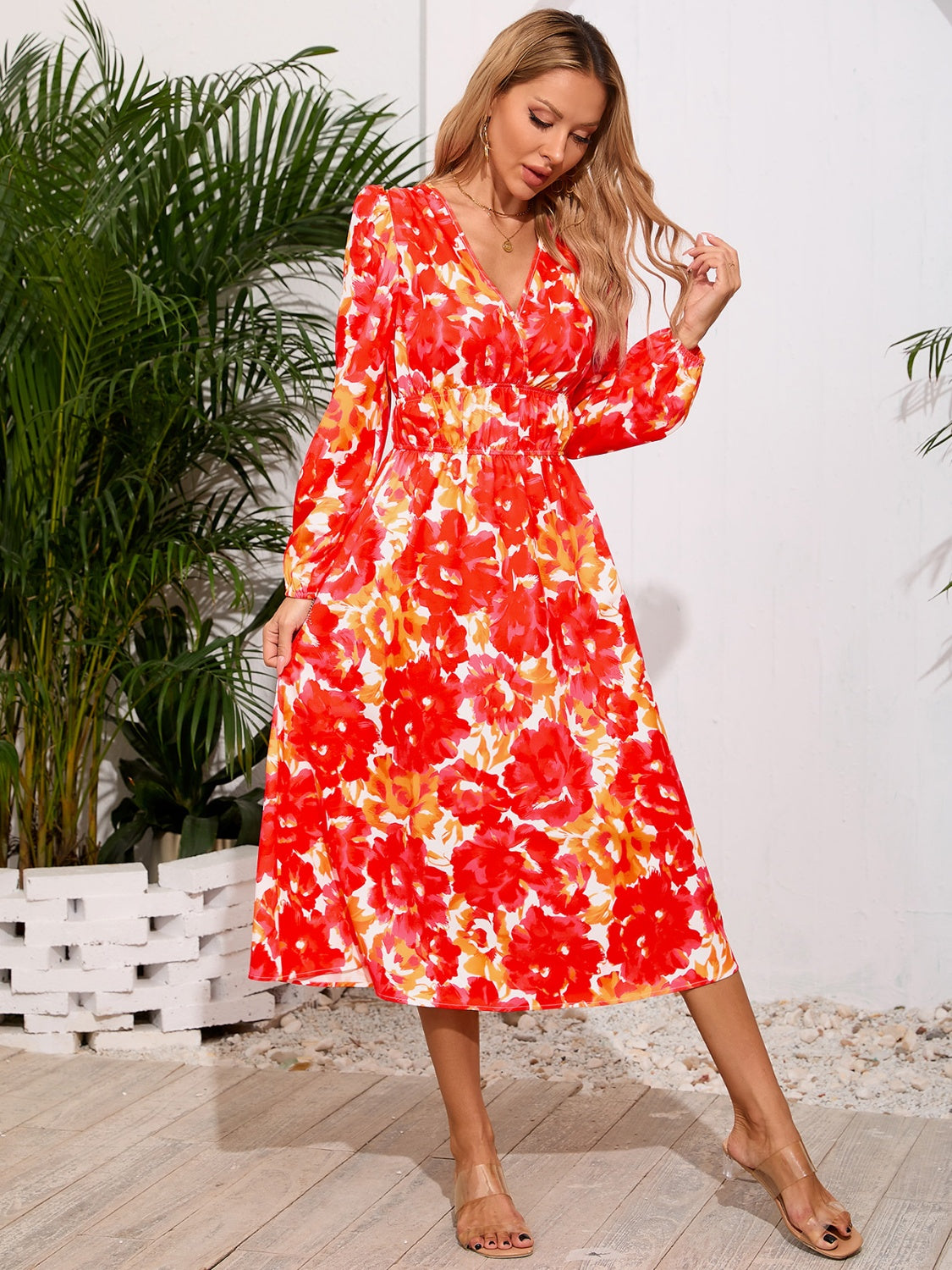 Printed Surplice Long Sleeve Midi Dress - RebelReine Apparel & Co.