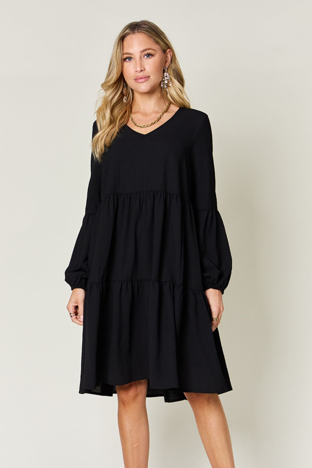 Double Take Full Size V-Neck Balloon Sleeve Tiered Dress - RebelReine Apparel & Co.