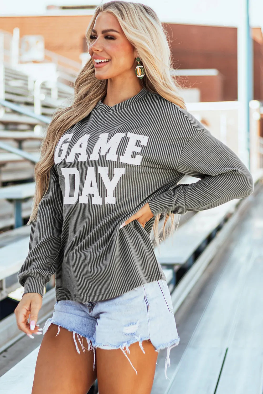 GAME DAY Striped Round Neck Long Sleeve Top