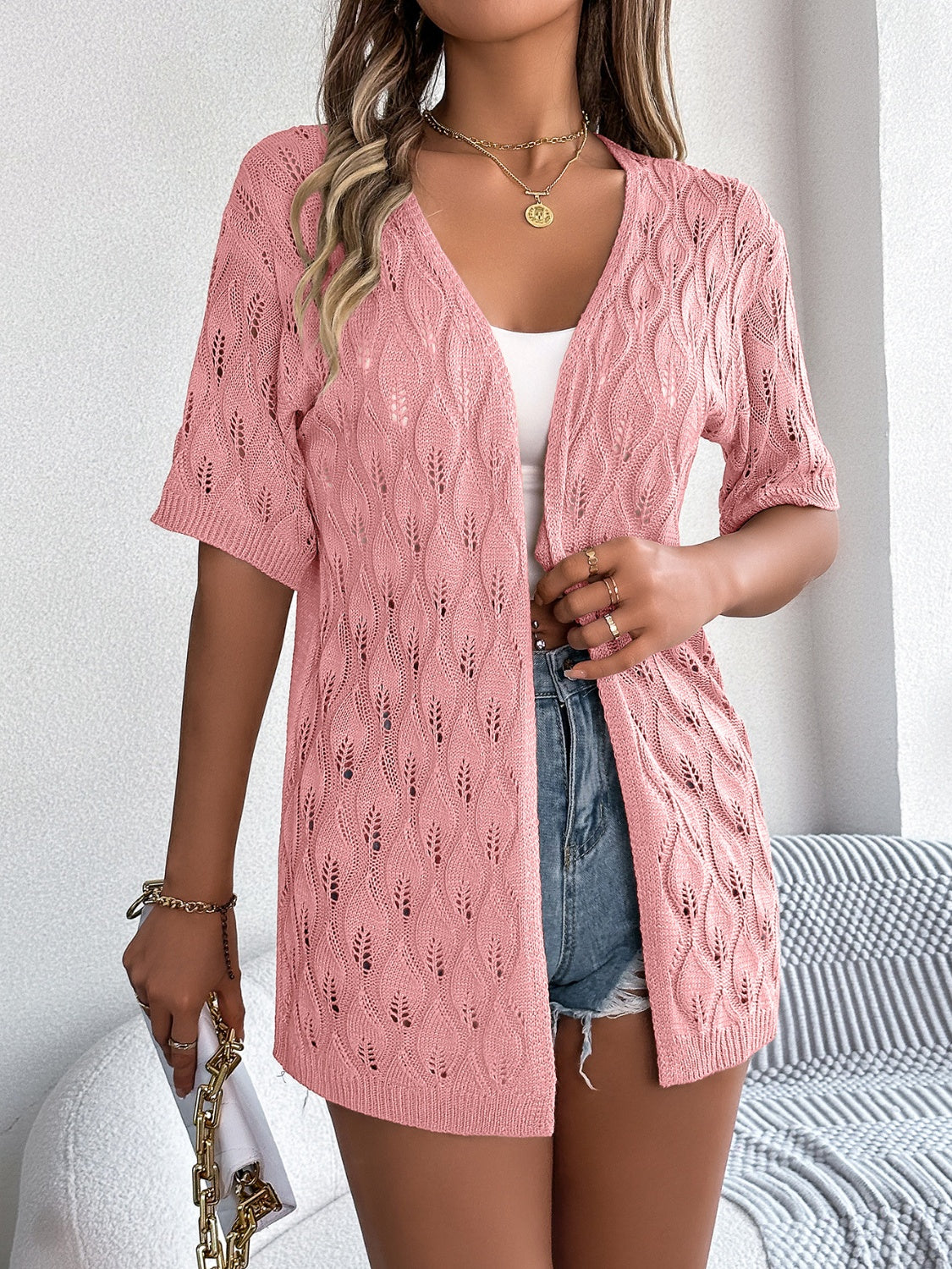 Openwork Open Front Short Sleeve Cardigan - RebelReine Apparel & Co.