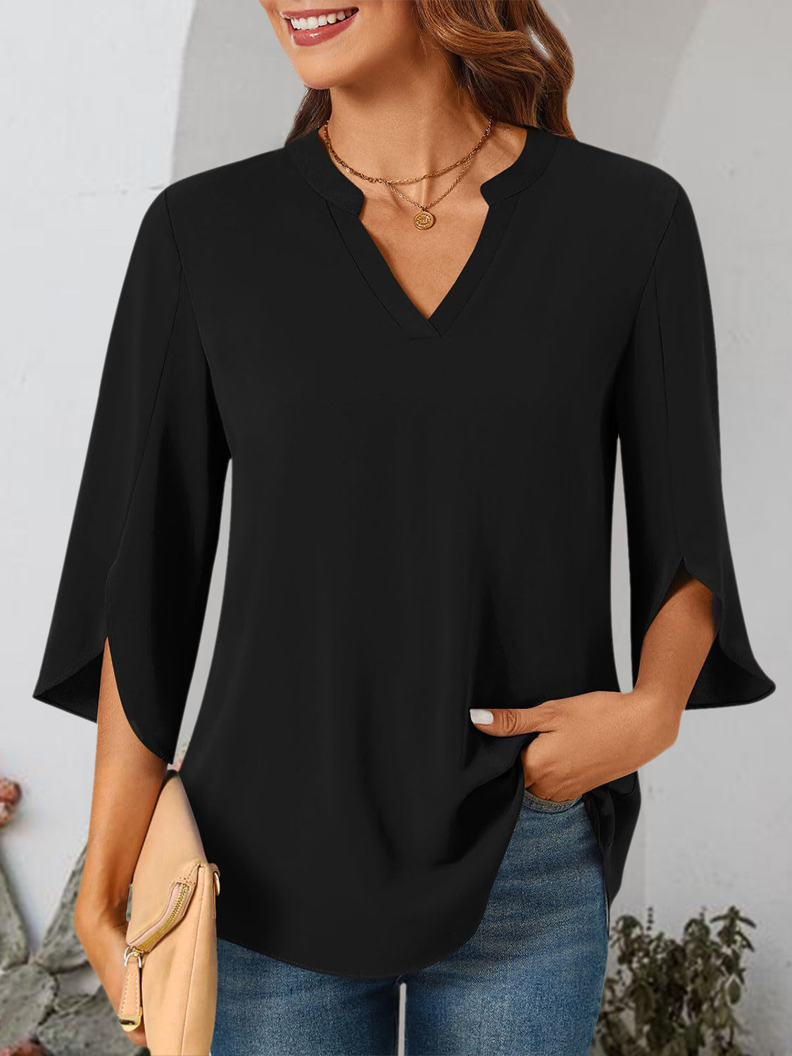 Notched Slit Half Sleeve Blouse - RebelReine Apparel & Co.