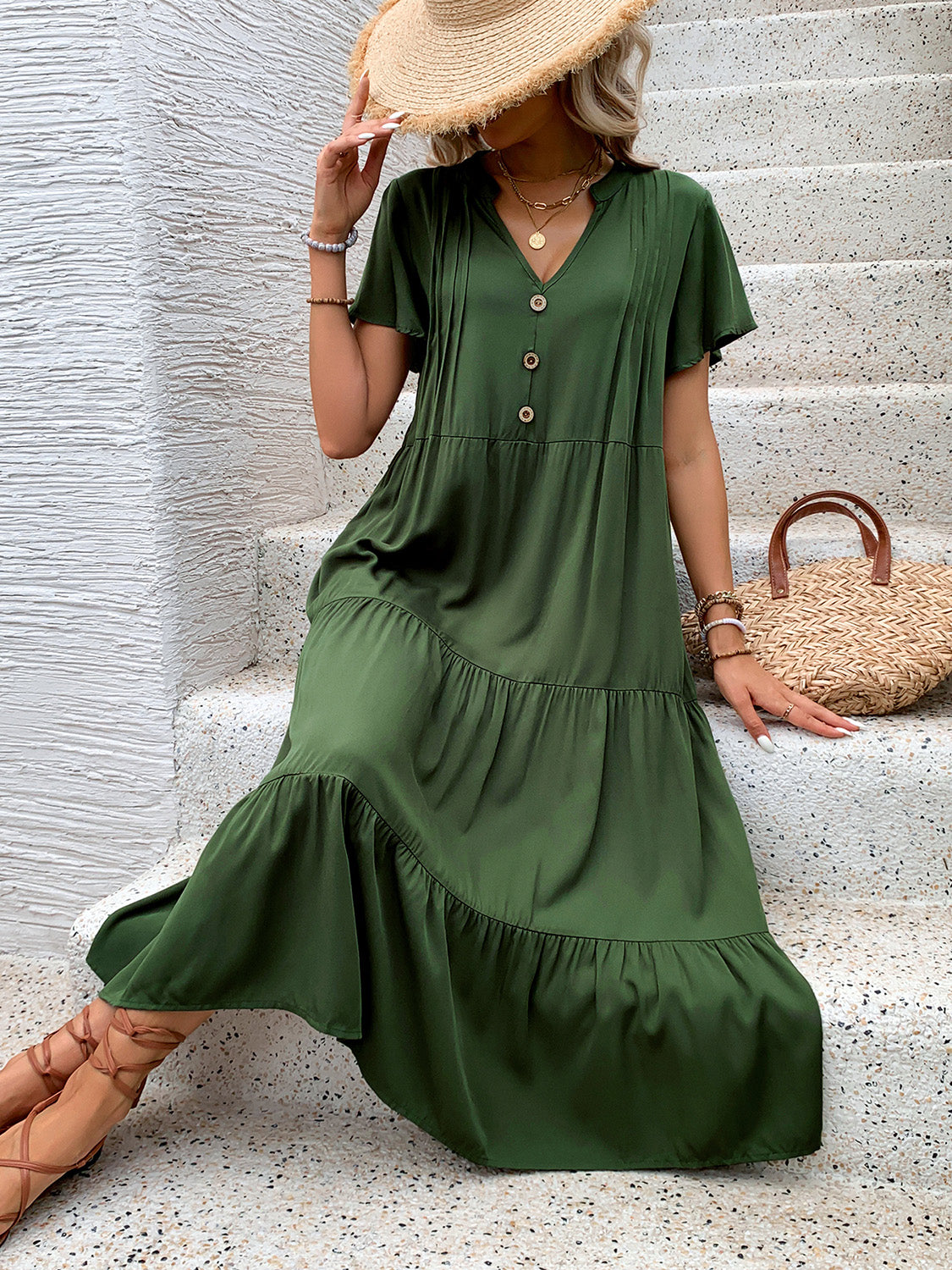 Tiered Notched Short Sleeve Midi Dress - RebelReine Apparel & Co.