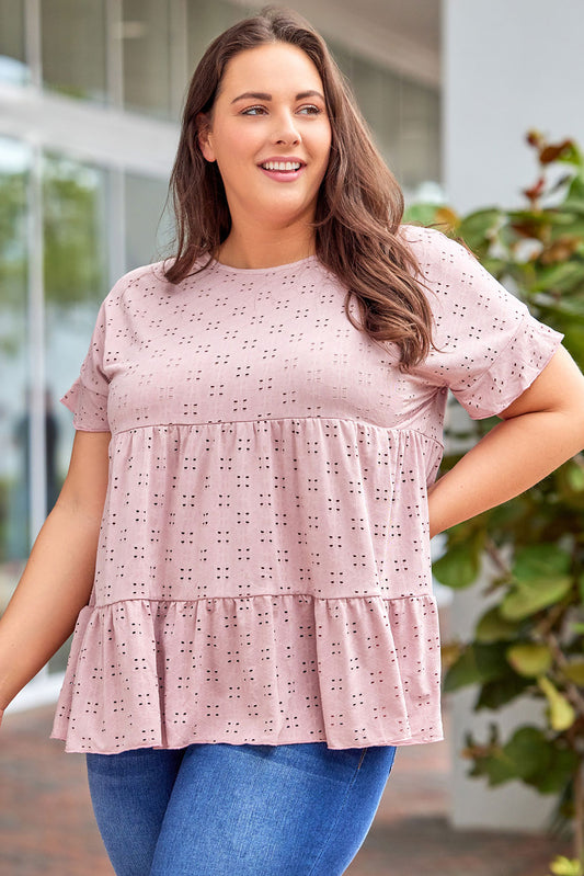 Plus Size Eyelet Round Neck Short Sleeve Blouse - RebelReine Apparel & Co.