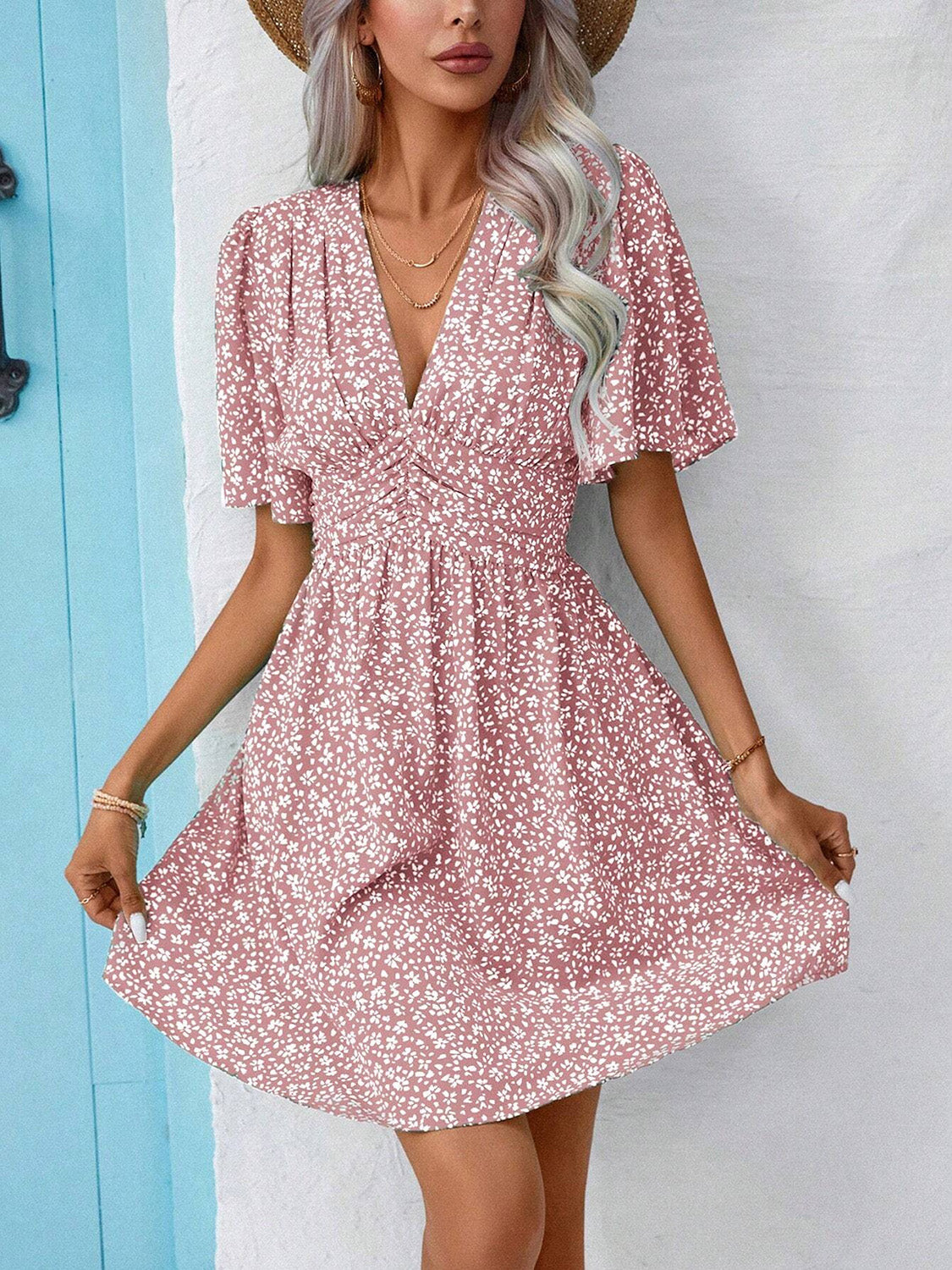 Printed V-Neck Half Sleeve Mini Dress - RebelReine Apparel & Co.