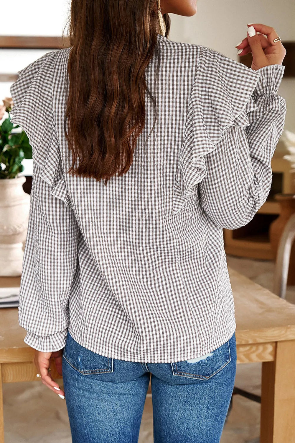 Ruffled Plaid Notched Flounce Sleeve Shirt