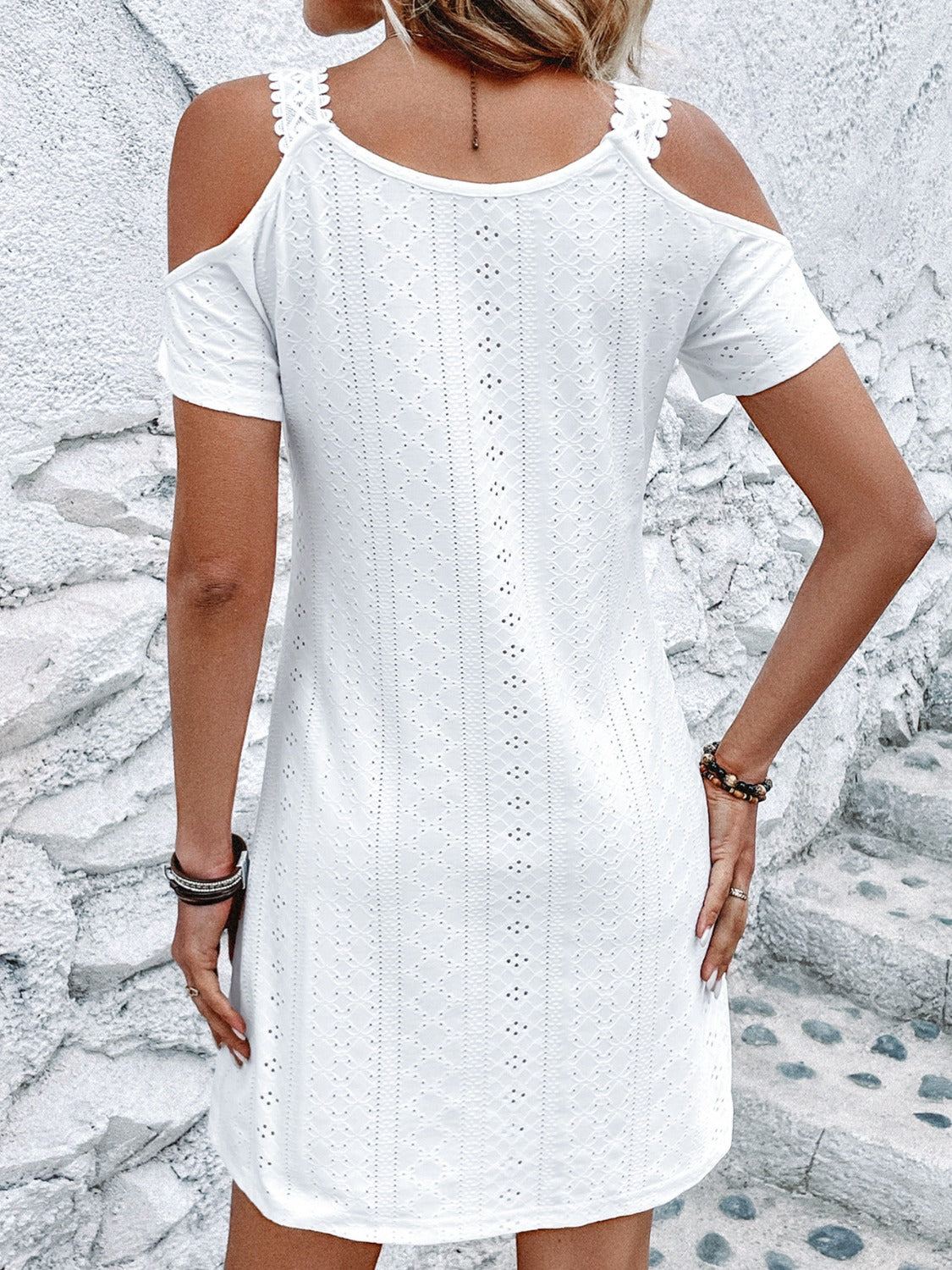 Eyelet V-Neck Cold Shoulder Mini Dress - RebelReine Apparel & Co.