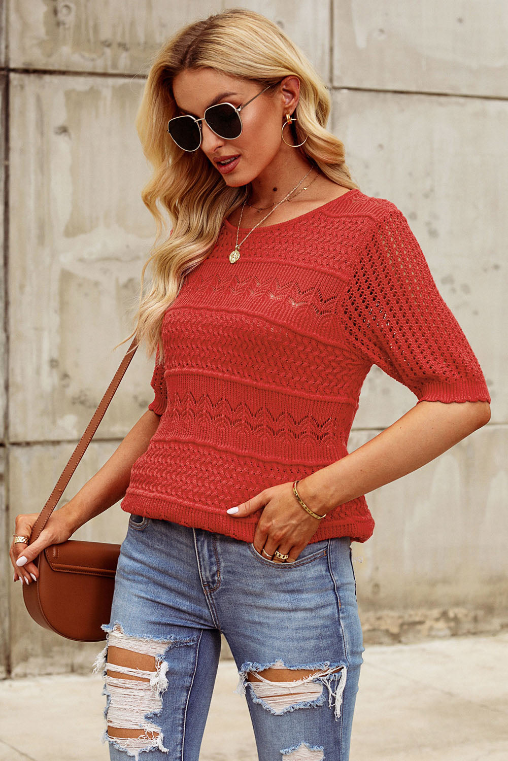 Openwork Round Neck Half Sleeve Knit Top - RebelReine Apparel & Co.