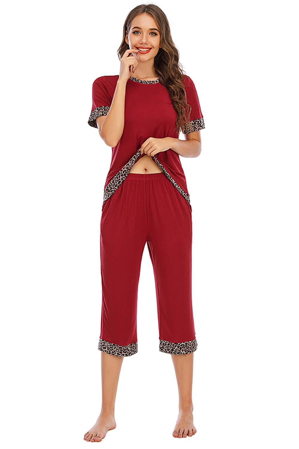 Round Neck Short Sleeve Top and Capris Pants Lounge Set - RebelReine Apparel & Co.