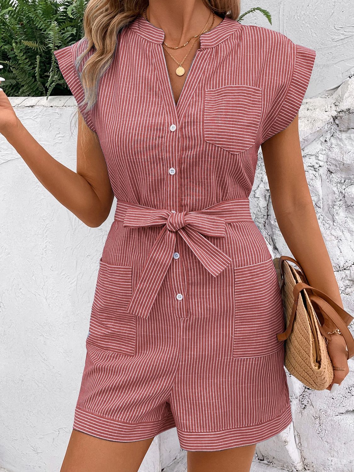 Striped Notched Tie Waist Romper - RebelReine Apparel & Co.