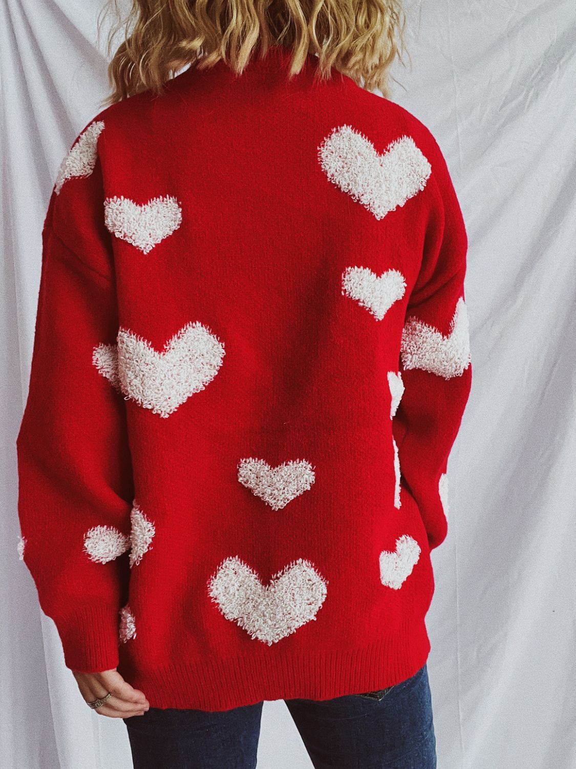 Heart Round Neck Dropped Shoulder Sweater